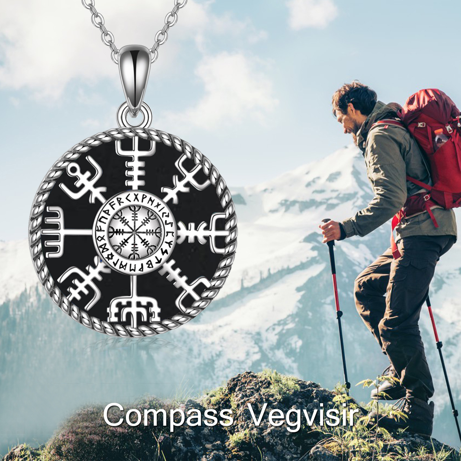 925 Sterling Silver Viking Compass Necklace, Norse Mythology Amulet